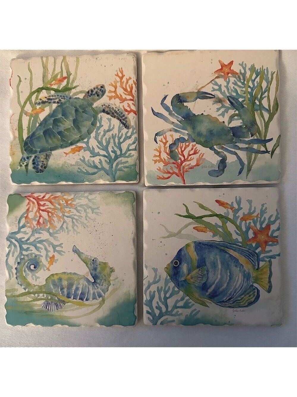 Laural Home Sea Life Serenade 4-Pack Coastal Tile Coasters Multicolor